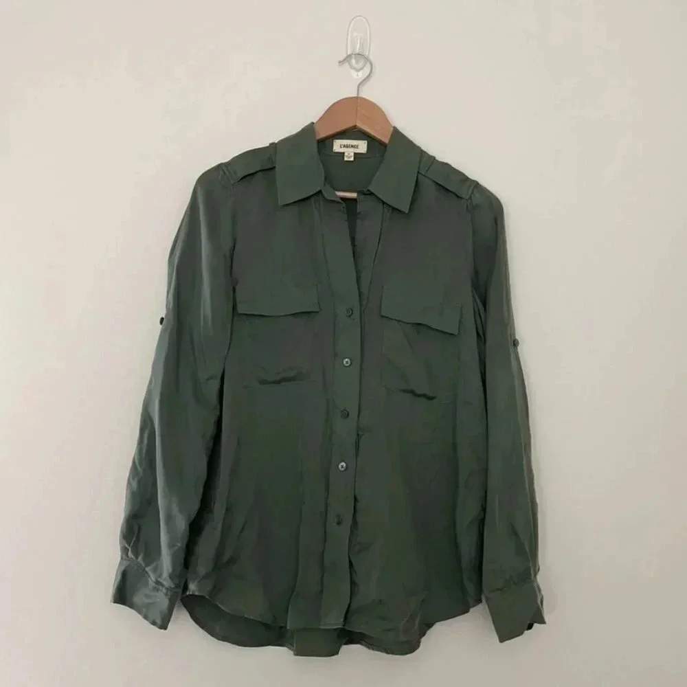 L'Agence Lunetta Button Front Military Top in Army Green Size Small